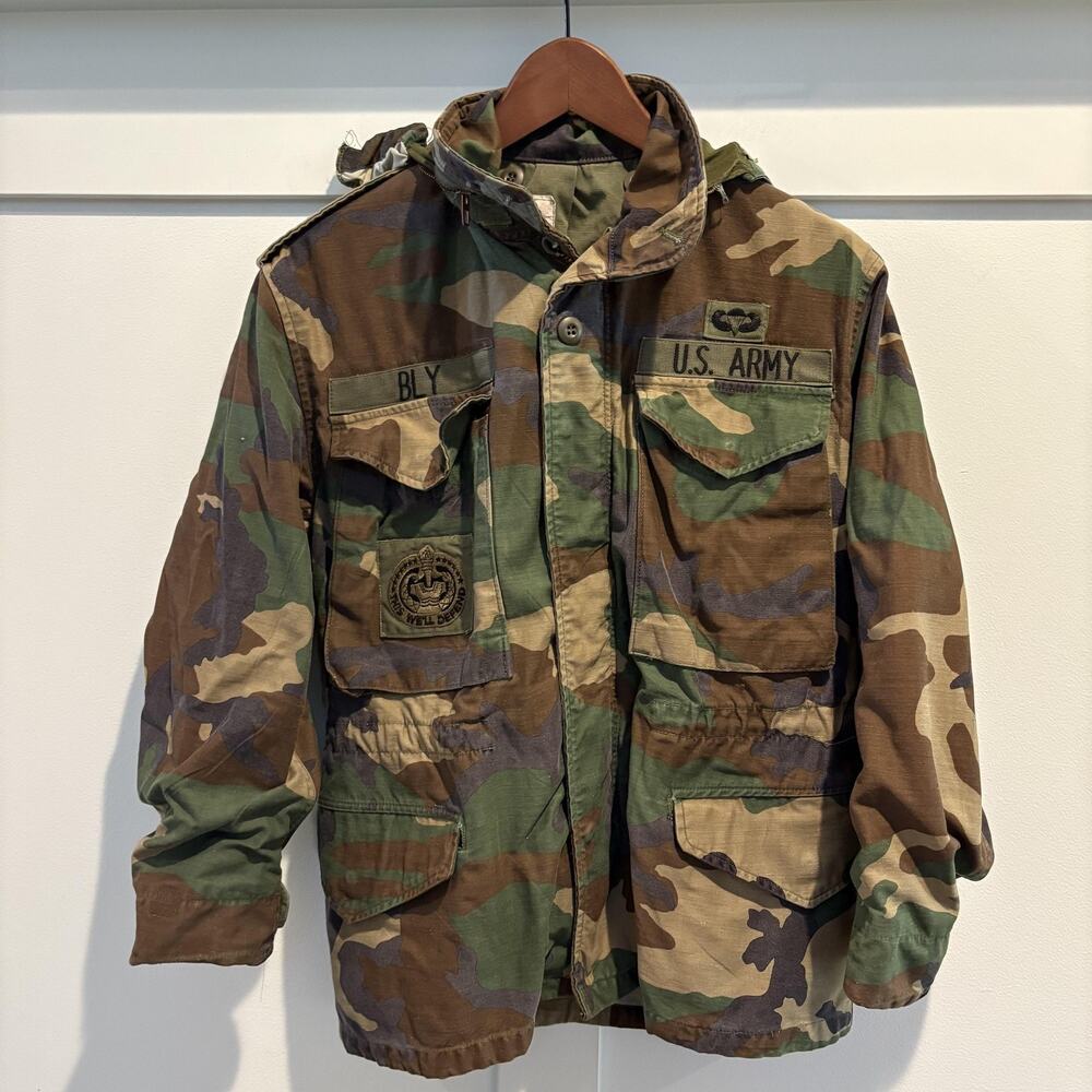 Vtg US Army M-65 Field Jacket Men XS Short Woodland Camo Airborne Patch G Zipper